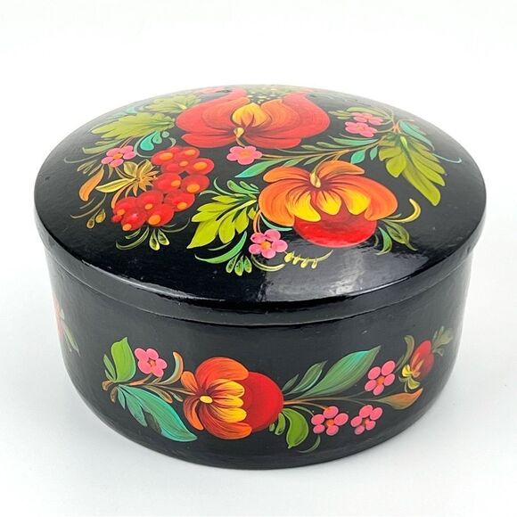Vintage Russian Hand Painted Floral Lacquer Trinket Box Folk Art - Picture 3 of 9
